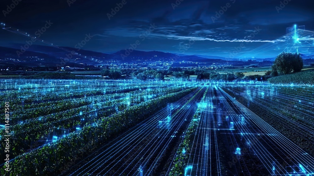 Night view of smart farm with digital overlay showing data and technology integration in agriculture. Night view of smart farm with digital overlay showing data and technology integration in agriculture.