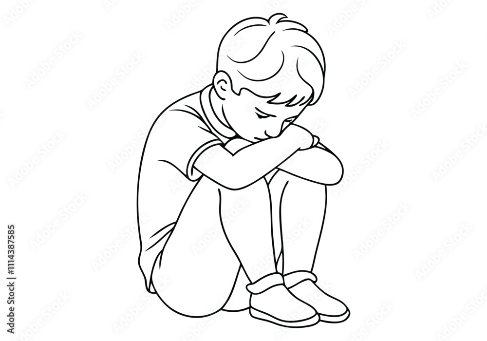 Obraz premium Continuous One-Line Drawing of a Sad Child - Minimalist Emotional Art