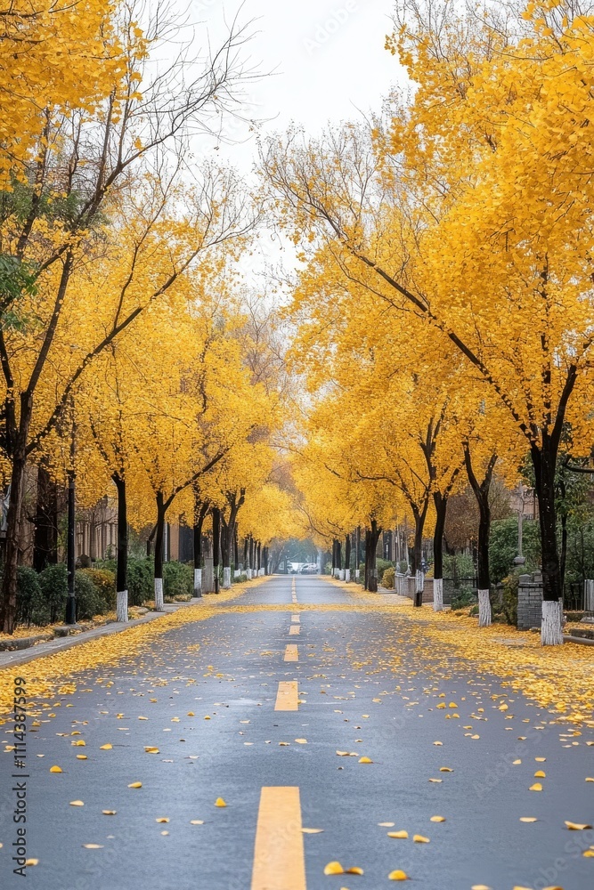 Fototapeta premium A Beautiful Autumn Scene with Yellow Ginkgo Trees Lining a Quiet Street, Fallen Leaves Covering the Ground, and a Foggy Atmosphere Creating a Serene Ambiance