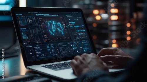 Close-up of hands using laptop with data analytics dashboard.