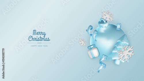 Happy New Year and Merry Christmas. Christmas holiday background with realistic 3d objects, blue and white bauble balls, conical metal stars, gift. Levitation falling design composition.