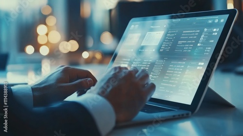 Close-up of hands using laptop with data on screen.