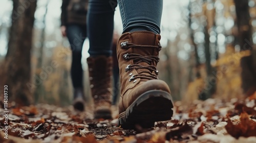 Close-up of hiking boots on autumn trail.