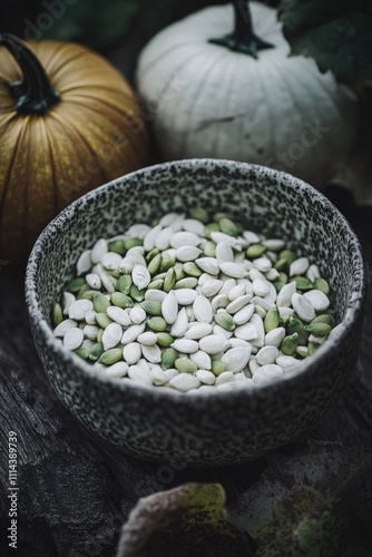 A bowl of beans and pumpkins on a table, great for fall or Thanksgiving themed images photo