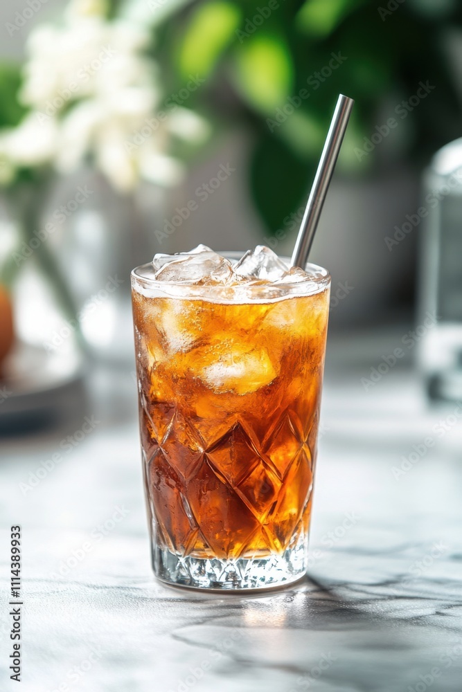 Refreshing Iced Tea in a Crystal Glass with Ice Cubes and Metal Straw A Delightful Summer Beverage Refreshing Iced Tea in a Crystal Glass with Ice Cubes and Metal Straw A Delightful Summer Beverage