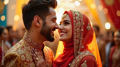 A radiant bride and groom share a tender moment, their eyes sparkling with joy and love, amidst a warm, celebratory atmosphere. photo