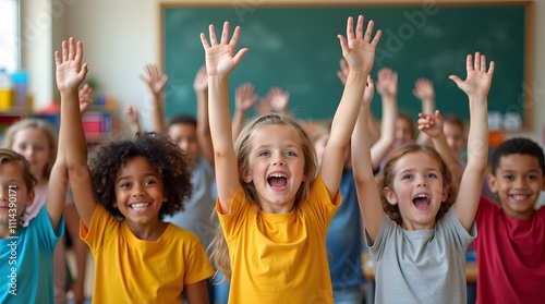 Joyful kids raise hands in class, radiating excitement and eagerness to learn. A vibrant classroom scene! photo