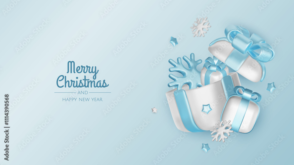 Happy New Year and Merry Christmas. Christmas holiday background with realistic 3d objects, blue and white bauble balls, conical metal stars, gift. Levitation falling design composition. Happy New Year and Merry Christmas. Christmas holiday background with realistic 3d objects, blue and white bauble balls, conical metal stars, gift. Levitation falling design composition.