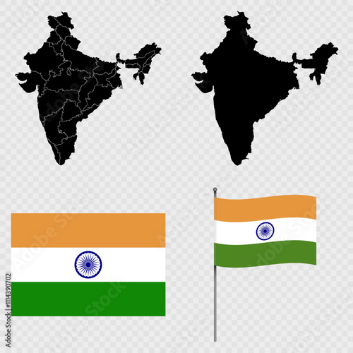 Set of maps, flag and flagpole of India. Vector illustration.