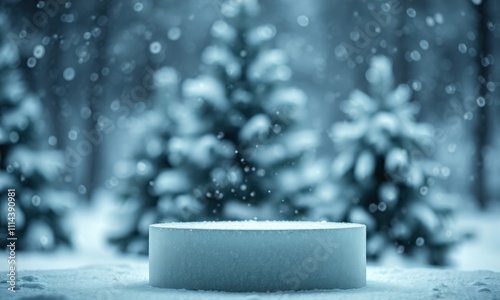 Winter Wonderland Product Display: A minimalist, round platform sits in a serene winter scene, showcasing your product.  The snowy forest backdrop, complete with frosted trees and falling snowflakes. photo