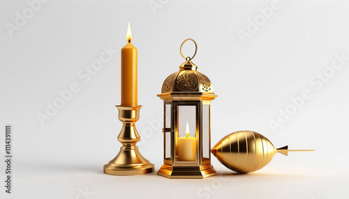 golden lantern and candle icon with dart on white background 3d render concept for ramadan kareem 