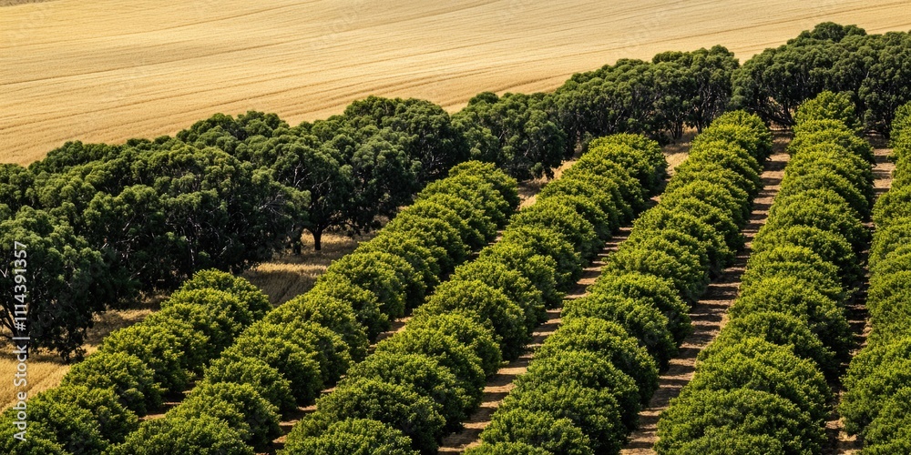 Fototapeta premium Aerial view of tree rows in a field, suitable for landscape or farm use