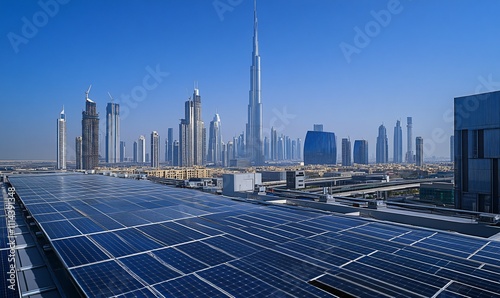 Solar panels in the cityscape of Dubai, showcasing the blend of modern architecture and sustainable energy solutions, reflecting the city's commitment to renewable energy and futuristic development.
