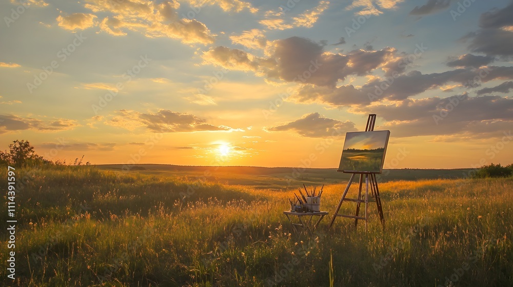 Photo of a person painting a sunset landscape on a canvas set up in a field, with paintbrushes and an easel nearby. Photo of a person painting a sunset landscape on a canvas set up in a field, with paintbrushes and an easel nearby.