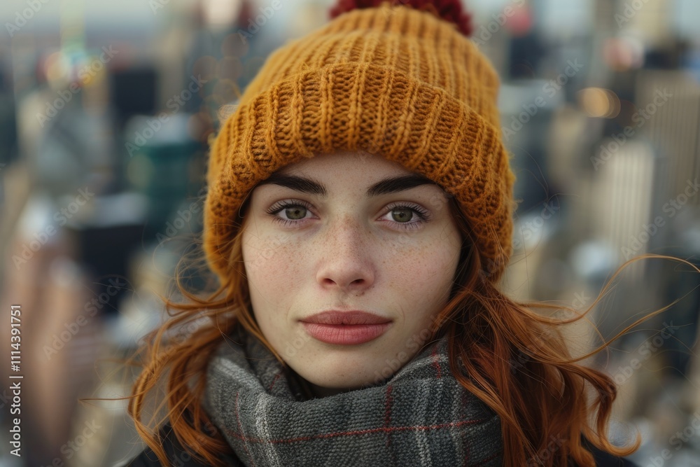 A woman with bright red hair, wearing a hat and scarf, in an outdoor setting A woman with bright red hair, wearing a hat and scarf, in an outdoor setting