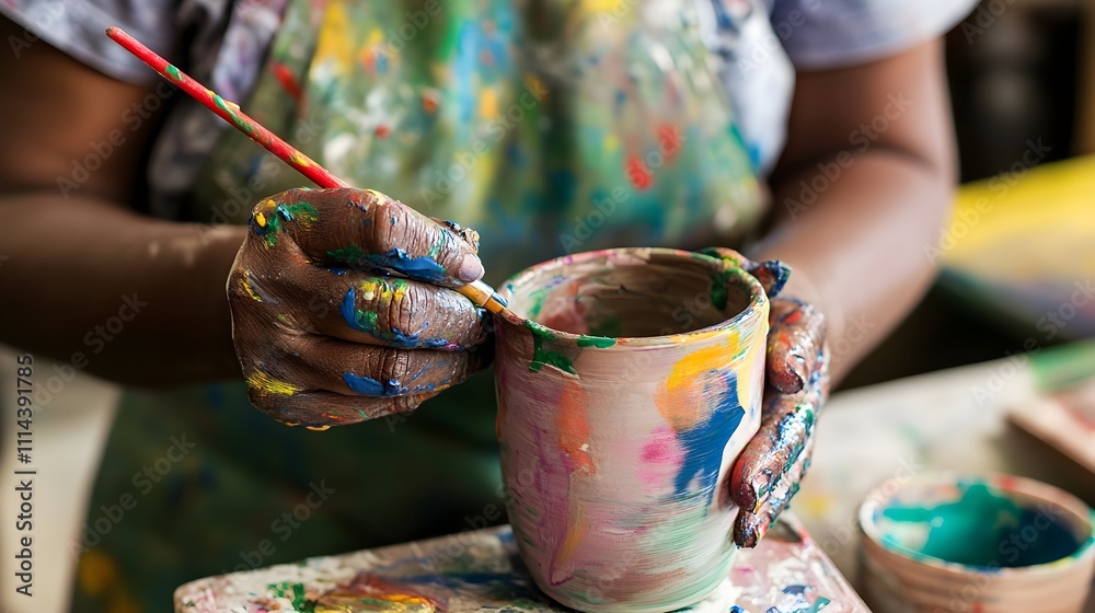 Obraz premium Photo of a person painting pottery in a ceramics class, with vibrant colors on their hands and apron.