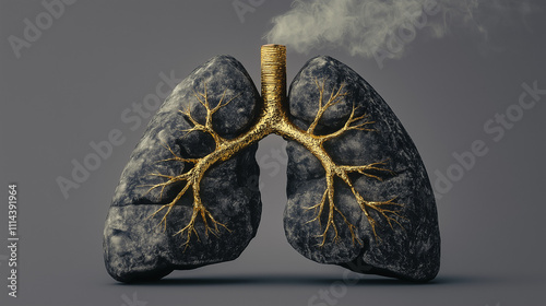 Stone lungs with golden bronchial tree are suffocating from industrial pollution photo