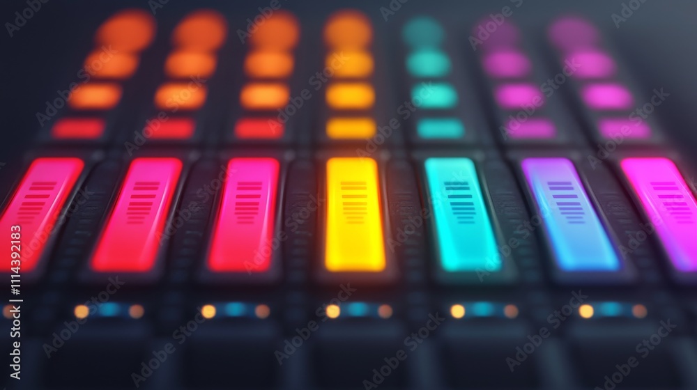 A vibrant array of illuminated buttons, showcasing a colorful interface that suggests musical or digital interaction.