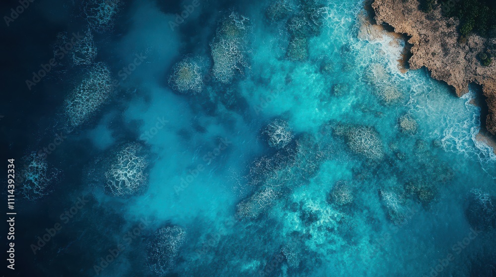 Fototapeta premium Aerial View of Crystal Clear Ocean Waters with Coral Reefs and Rocky Shoreline on a Sunny Day Capturing the Beauty of Nature's Underwater Landscape