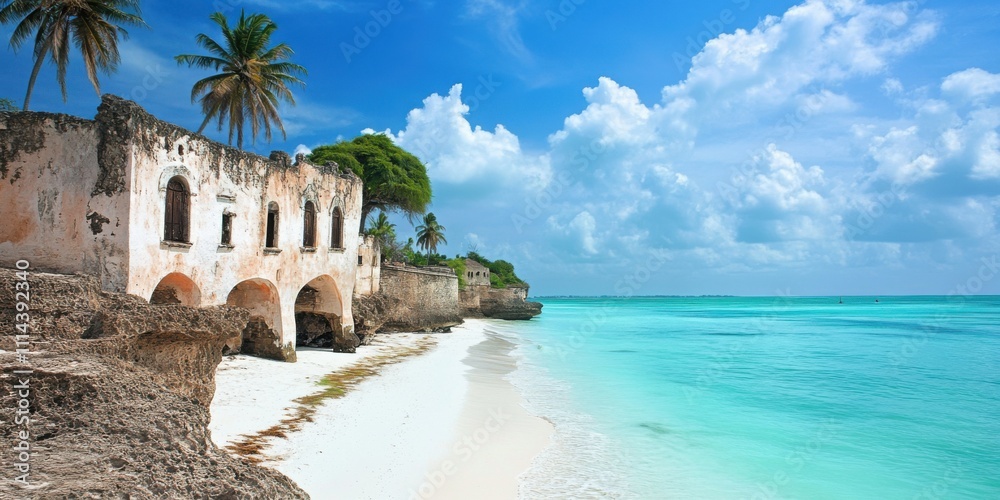 Picturesque Coastal Ruin on Tropical Beach Under Sunny Sky: A Serene Zanzibar Scene Picturesque Coastal Ruin on Tropical Beach Under Sunny Sky: A Serene Zanzibar Scene