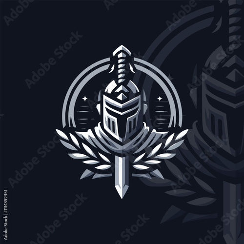 flat e-sport logo of a stylized knight’s helmet and sword