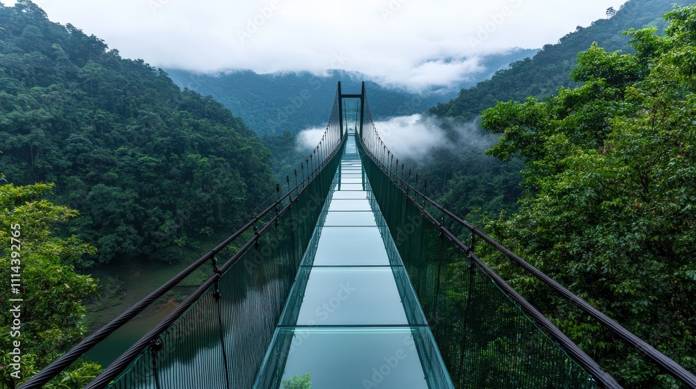 Obraz premium A stunning glass bridge stretches over lush mountains, surrounded by mist and greenery, creating a breathtaking view of nature's beauty.
