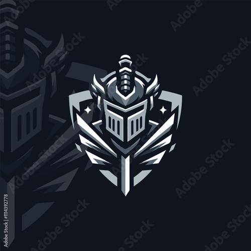 flat e-sport logo of a stylized knight’s helmet and sword