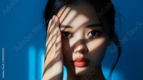 Close-up portrait of a young woman with hand shading her face, dramatic lighting.