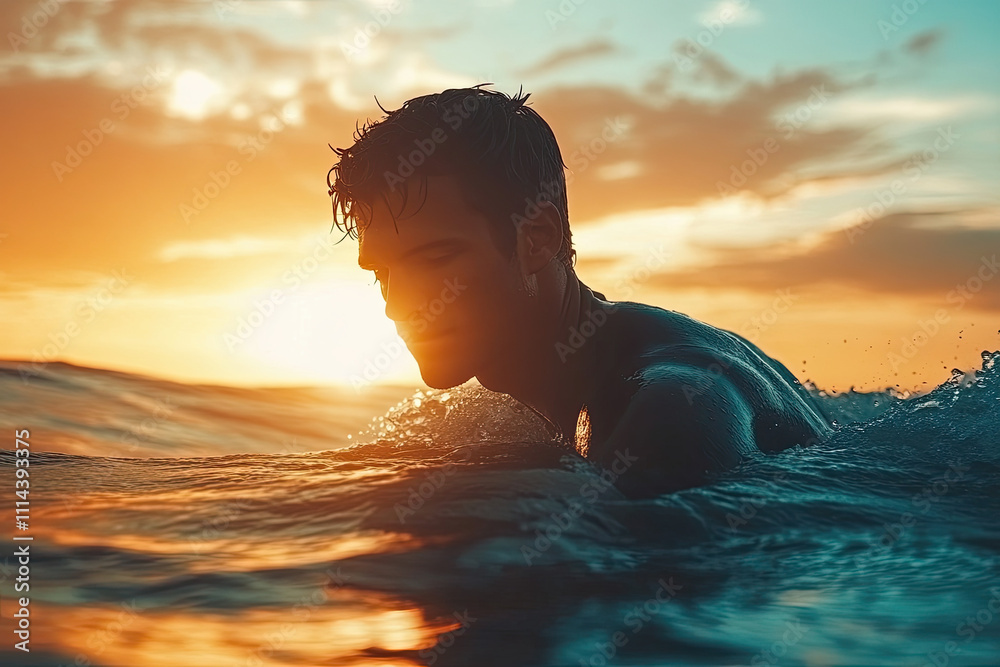 Silhouette of a surfer waiting in the water with waves and sunset behind Silhouette of a surfer waiting in the water with waves and sunset behind