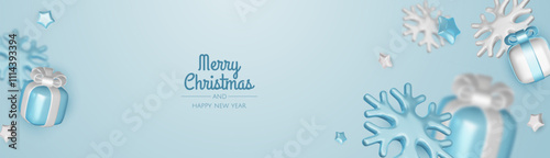 Happy New Year and Merry Christmas. Christmas holiday background with realistic 3d objects, bauble balls, conical metal stars. Levitation falling design composition.