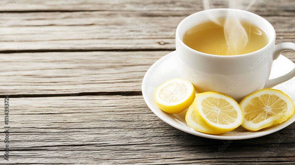 Steaming Lemon Tea in White Cup on Wooden Table Steaming Lemon Tea in White Cup on Wooden Table