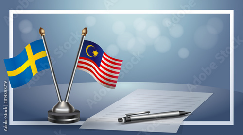 Sweden and Malaysia Small national flag on bokeh background, cooperative relationship