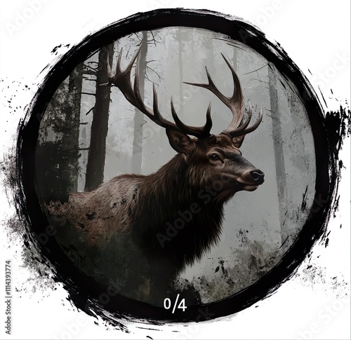 Logo of an elk in the woods, a circular design with a white background, a video clip on YouTube that features it, a full-body portrait of a deer with antlers, a digital painting in an artistic style,  photo