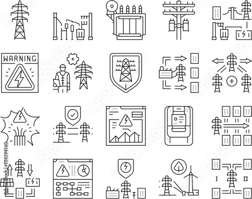 electric grid energy power icons set vector. tower transmission, utility industry, high pylon, voltage distribution, network electric grid energy power black contour illustrations