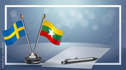 Sweden and Myanmar Small national flag on bokeh background, cooperative relationship