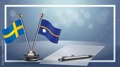 Sweden and Nauru Small national flag on bokeh background, cooperative relationship