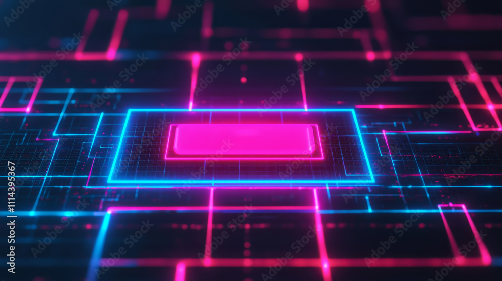 A vibrant, digital abstract image featuring neon pink and blue lines forming a grid-like pattern with a central highlighted rectangle. A vibrant, digital abstract image featuring neon pink and blue lines forming a grid-like pattern with a central highlighted rectangle.