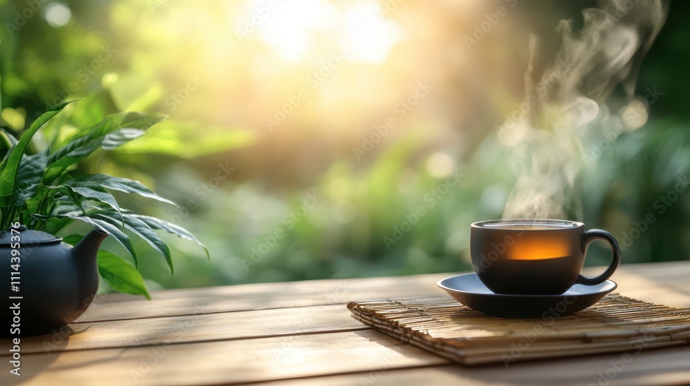 A steaming cup of coffee sits on a wooden table beside a teapot and lush greenery, creating a tranquil ambiance, Ideal for wellness, lifestyle, or culinary themes in various media, A steaming cup of coffee sits on a wooden table beside a teapot and lush greenery, creating a tranquil ambiance, Ideal for wellness, lifestyle, or culinary themes in various media,