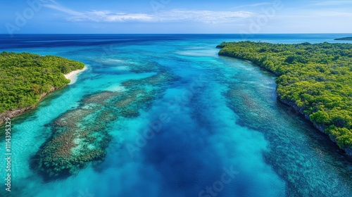 Breathtaking Aerial View of Turquoise Waters and Lush Green Islands in a Tropical Paradise under a Bright Blue Sky