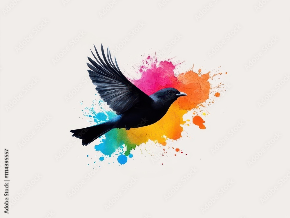 Fototapeta premium Ribcage tattoo of a bird in flight with watercolor splashes, emphasizing freedom