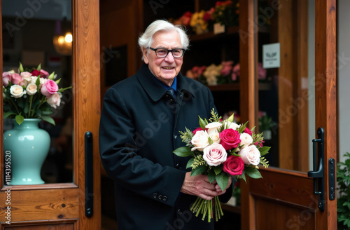 Elderly caucasian male holding bouquet of flowers outside shop photo