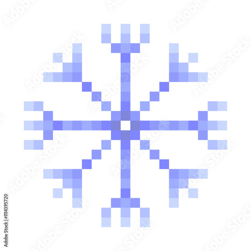 Blue snowflake pixel art isolated on a white background. 8 bit illustration.