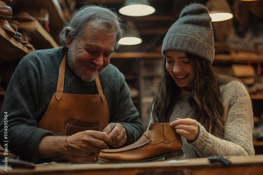 Craftsman teaches young woman shoe making in cozy workshop. Generative AI Craftsman teaches young woman shoe making in cozy workshop. Generative AI