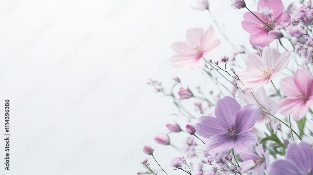 Fototapeta premium Delicate pink and purple cosmos flowers on white background.