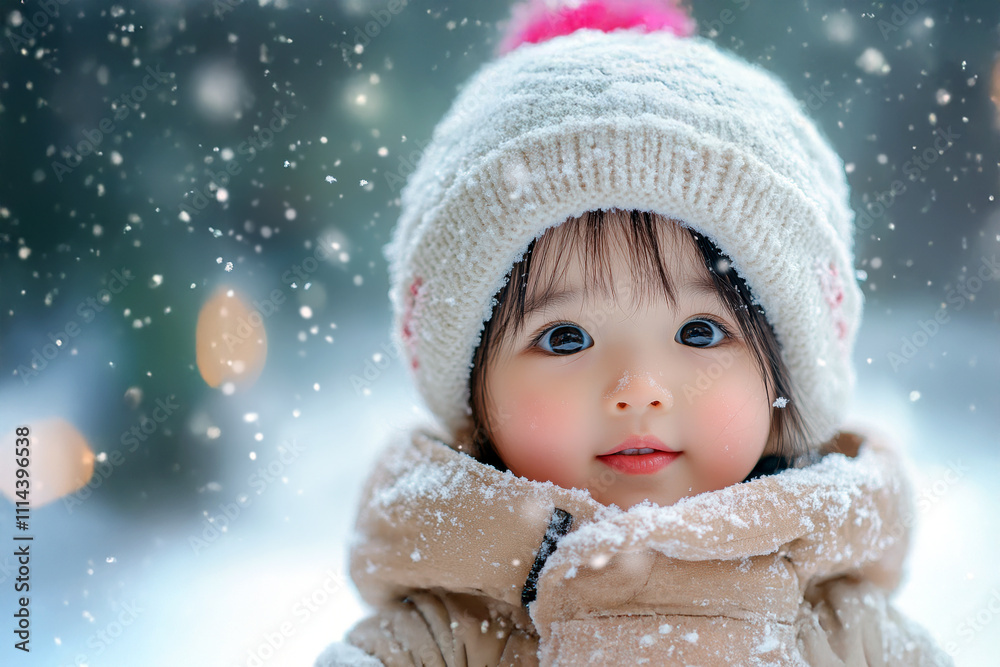Joyful Asian child playing in the snow under a gentle snowfall during a winter day Joyful Asian child playing in the snow under a gentle snowfall during a winter day