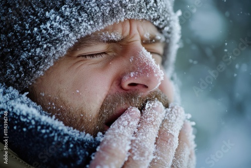Struggling against winter frostbite while trying to stay warm in the cold outdoors