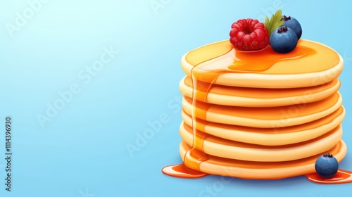 A stack of fluffy pancakes drizzled with syrup, topped with fresh raspberries and blueberries, against a light blue background, Great for breakfast menus, food blogs, and culinary promotions,