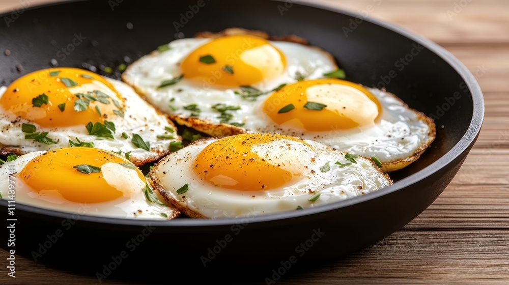 A close-up of perfectly cooked sunny-side-up eggs garnished with herbs in a skillet on a wooden table, Ideal for food blogs, recipe books, and culinary websites focusing on breakfast items, A close-up of perfectly cooked sunny-side-up eggs garnished with herbs in a skillet on a wooden table, Ideal for food blogs, recipe books, and culinary websites focusing on breakfast items,