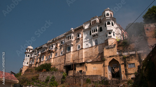 Omkareshwar temple and Omkareshwar city on banks of Narmada river, Madhya Pradesh, India,