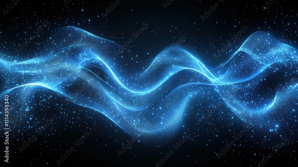 Fototapeta premium Ethereal Waves of Light in a Cosmic Space Background, Illuminating with Blue and Sparkling Particles, Radiating Energy and Movement, Digital Abstract Visuals